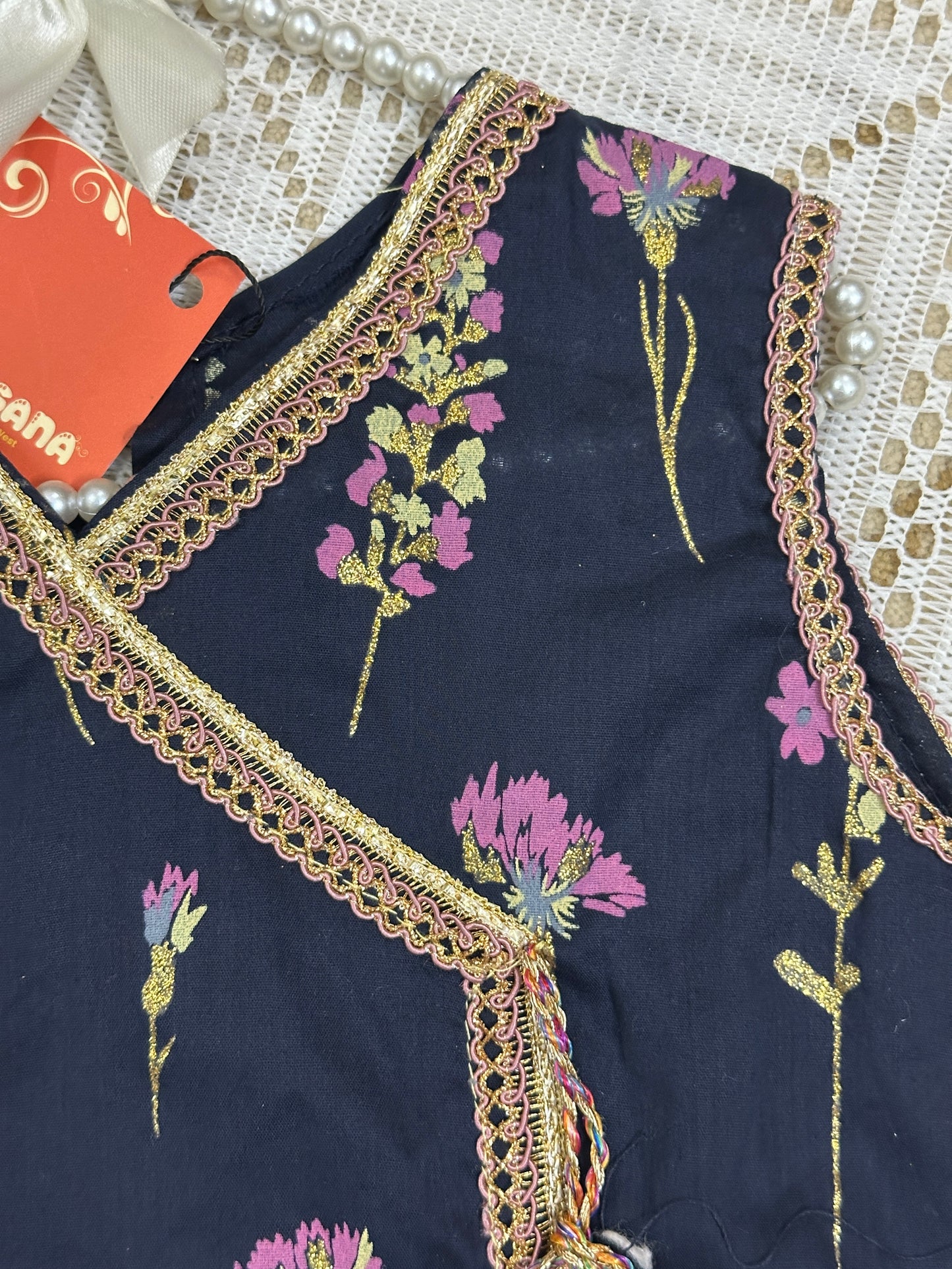 Navy Blue Glittered Floral Gharara Set with Dupatta