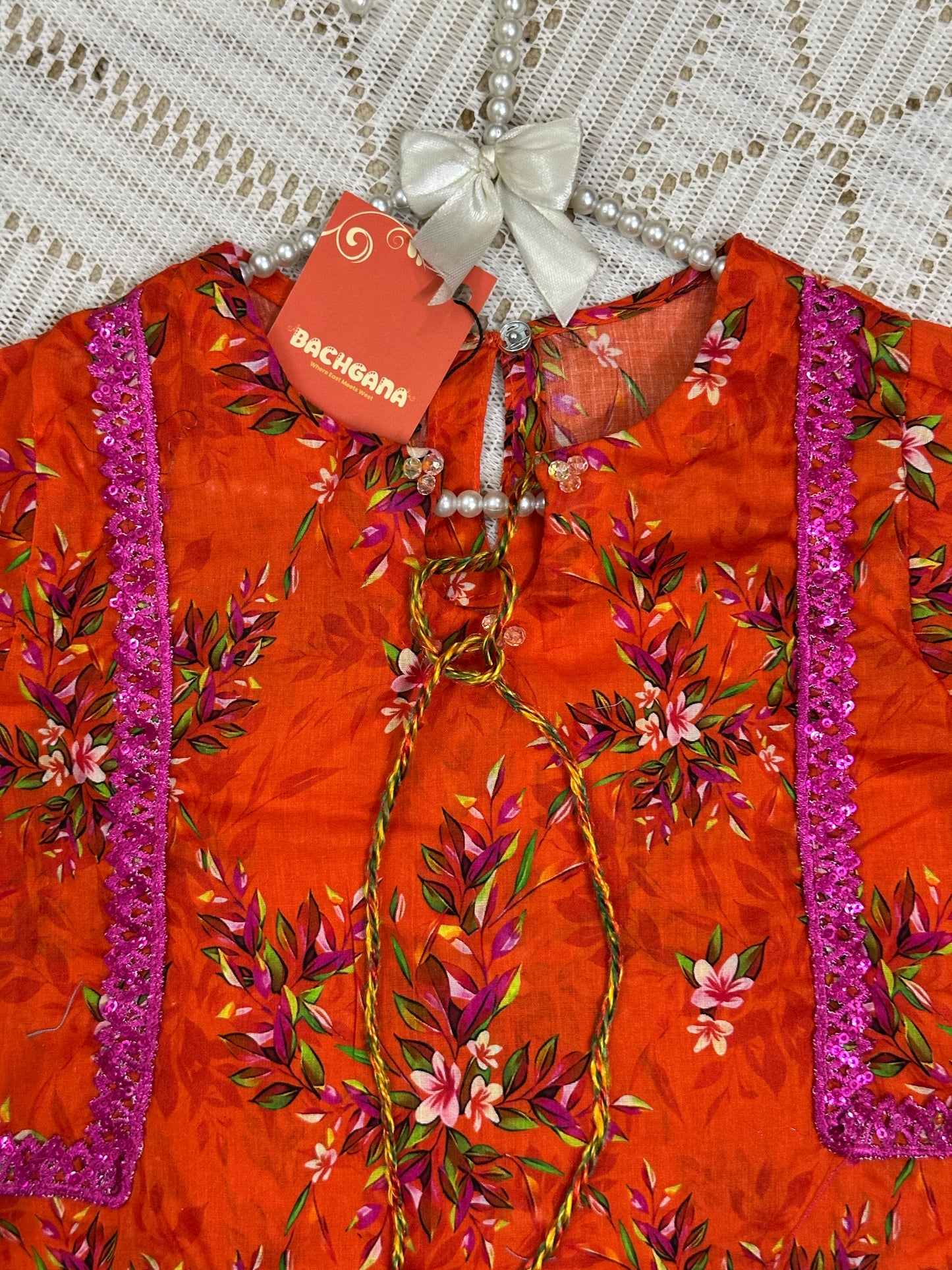 Orange Printed Shirt with ChickenKari Trouser and Dupatta