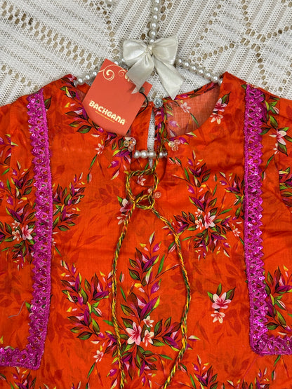 Orange Printed Shirt with ChickenKari Trouser and Dupatta