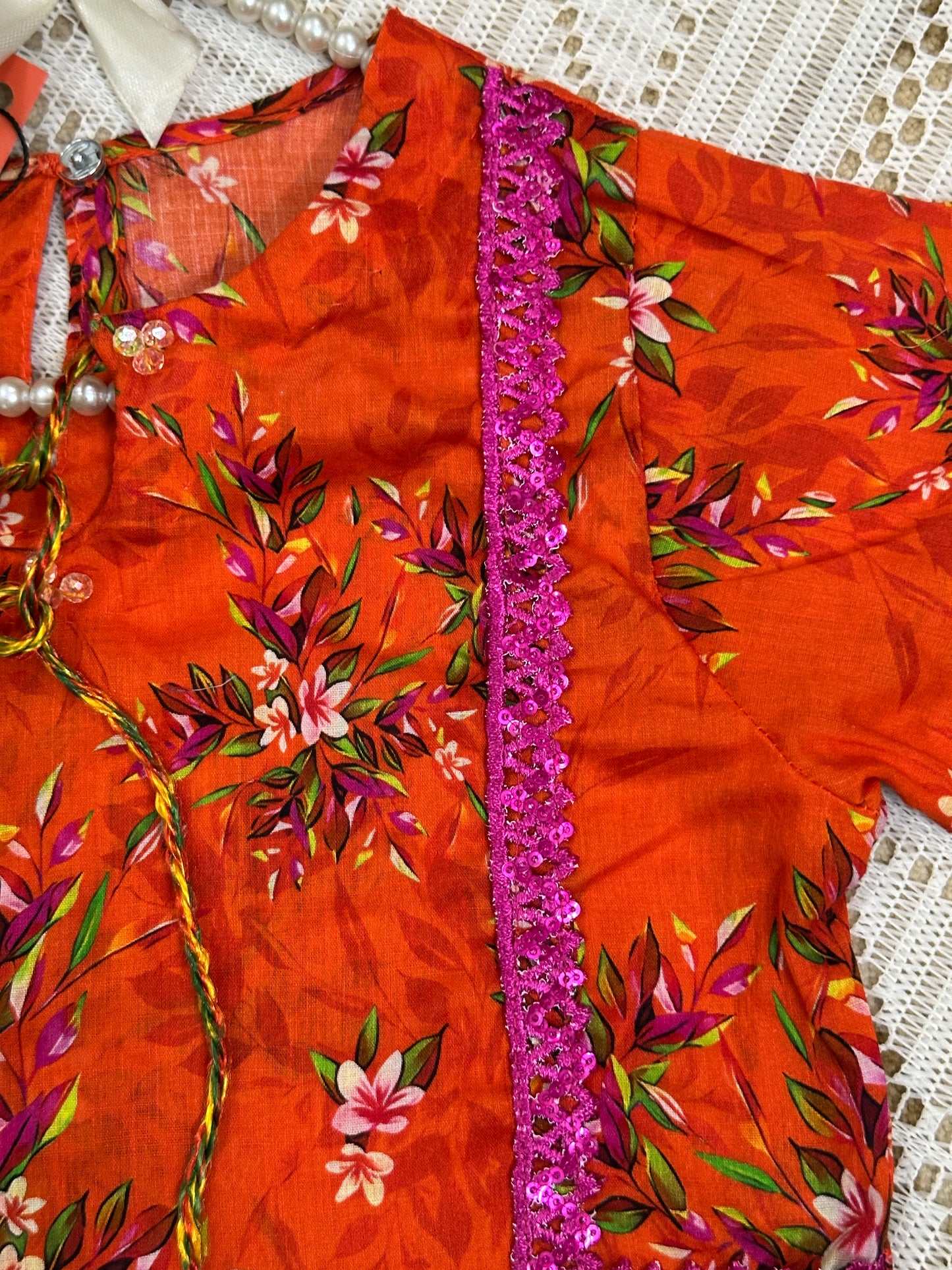Orange Printed Shirt with ChickenKari Trouser and Dupatta