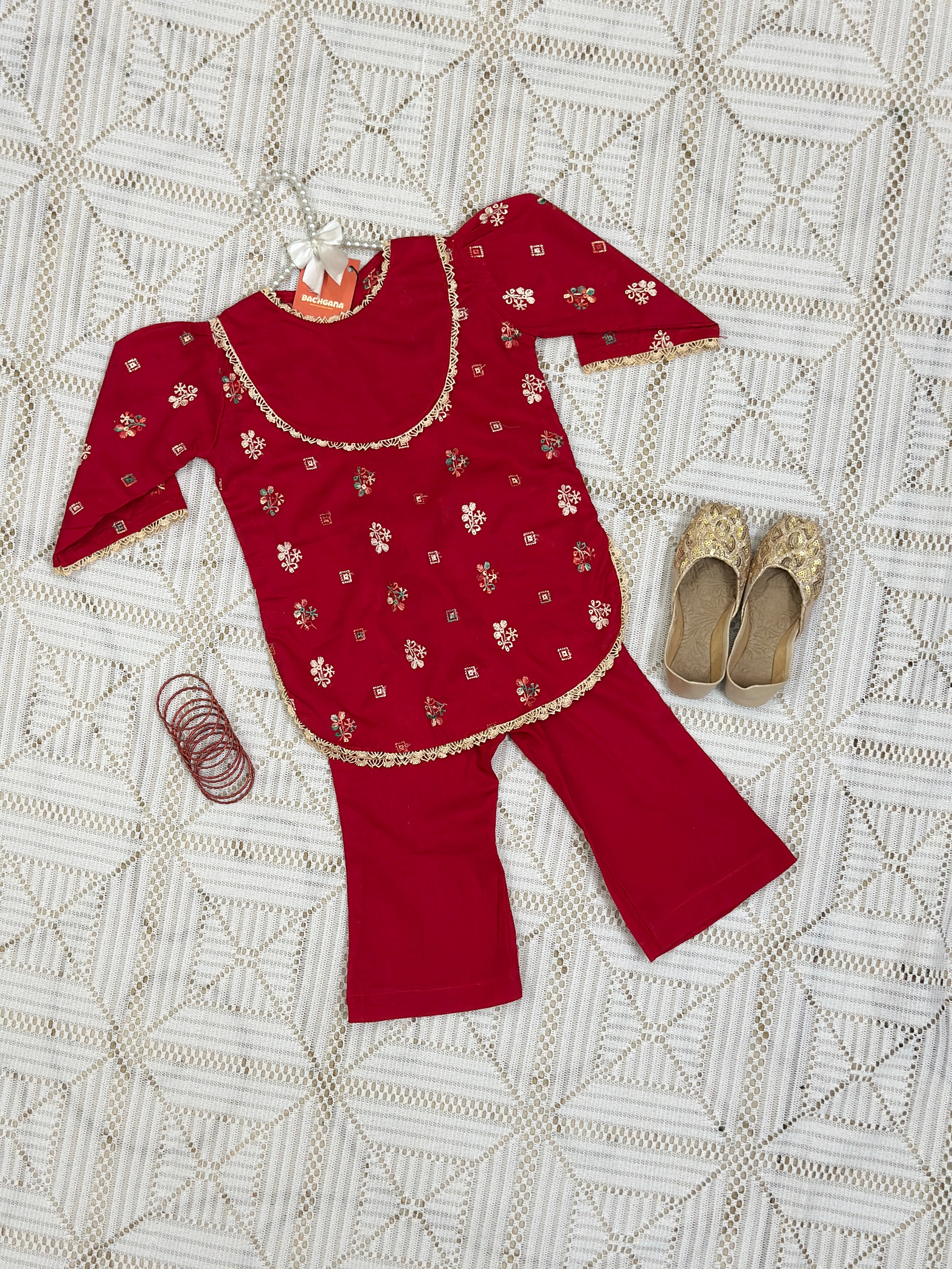 Red Embroidered Shirt with Bell Bottom Trouser
