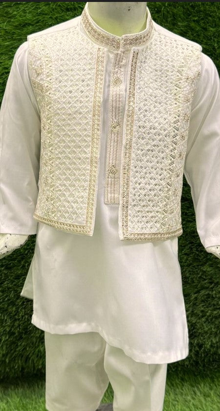 White Kurta Shalwar with Golden Embroidered Waistcoat