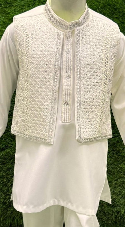 White Kurta Shalwar with Grey Embroidered Waistcoat