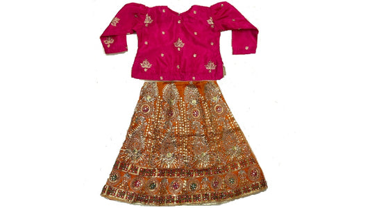 🌸 Pink Silk Choli with Orange Mirror Sequin Net Lehenga and Green Net Dupatta